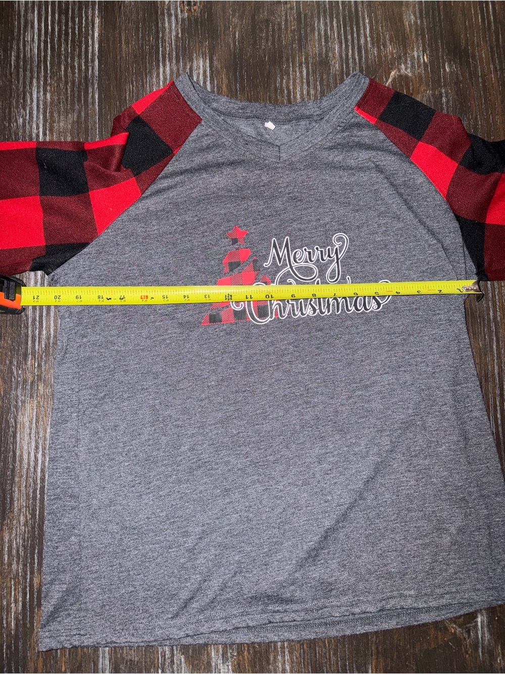 Women’s Gray Raglan Long Sleeve Tee with Red Plaid Sleeves - Merry Christmas - Picture 5 of 8